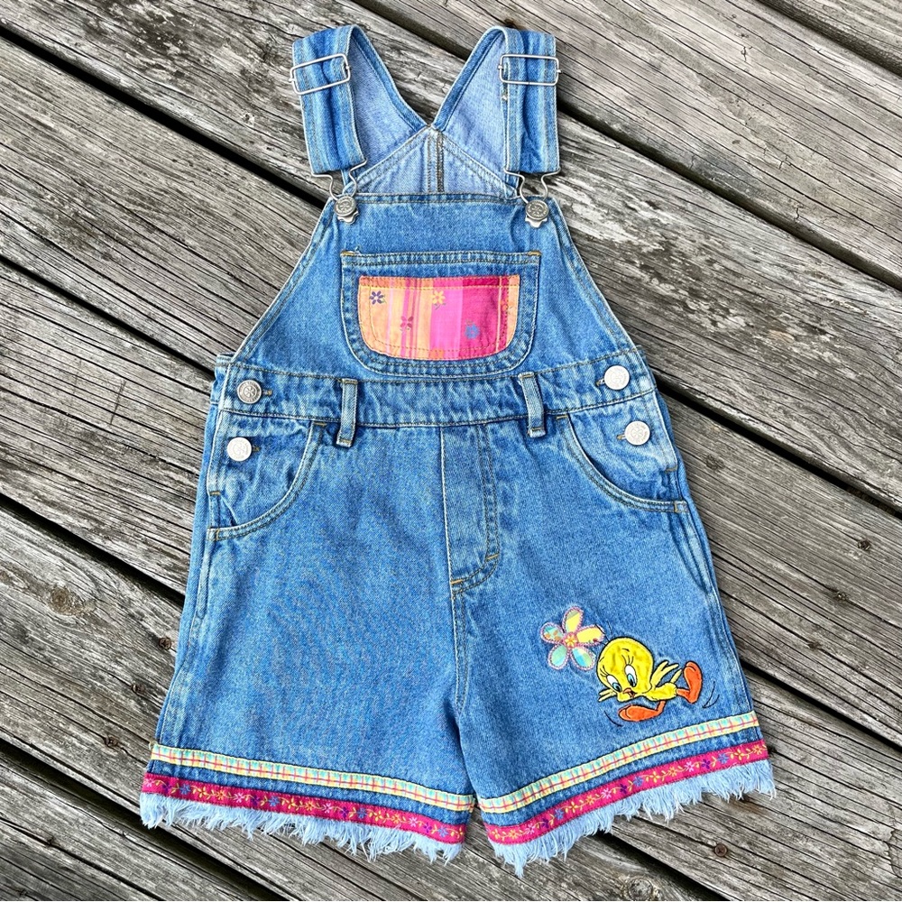 Little Girls Vintage Denim Looney Tunes Tweety Bird Appliqué Shortalls Overalls